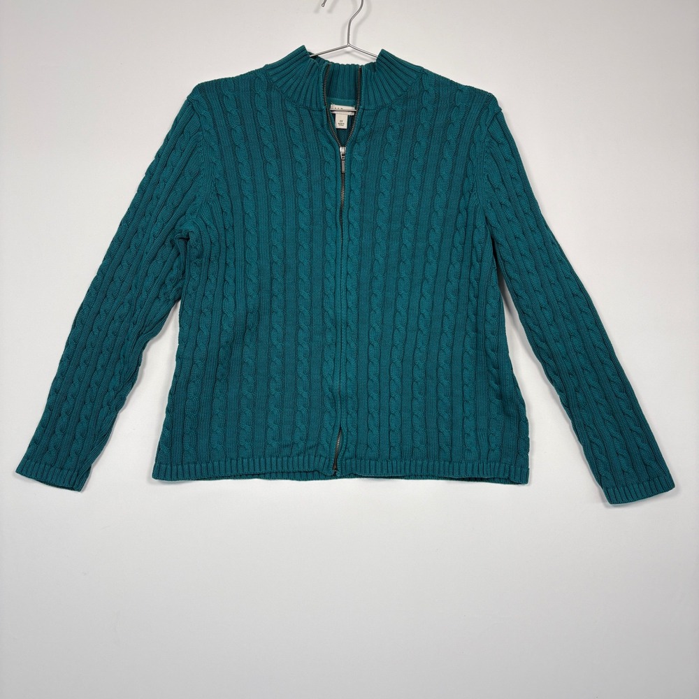 L.L.Bean Women Cardigan 1X Teal Blue CableKnit Full Zip Cotton Sweater Fisherman